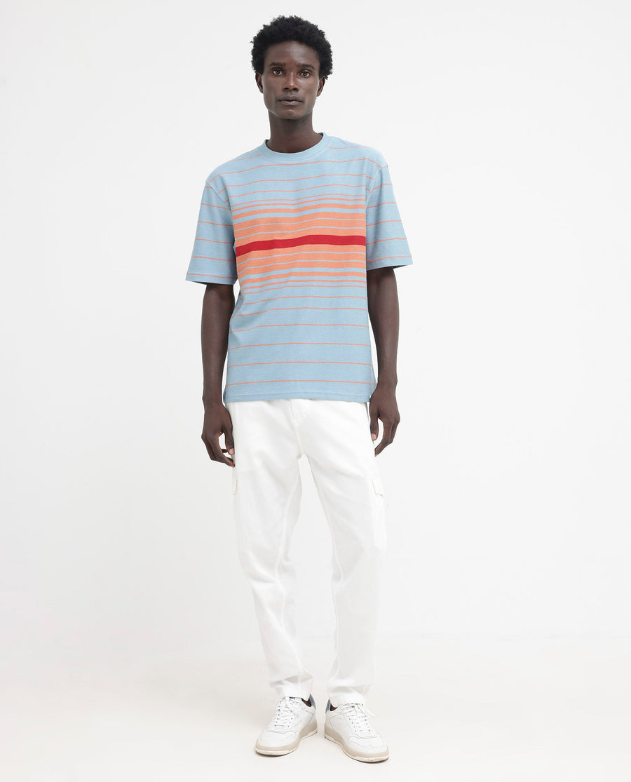 Rare Rabbit Men's Kot Dusky Blue Cotton Striped Print Oversized Fit Half Sleeve Crew Neck T-Shirt
