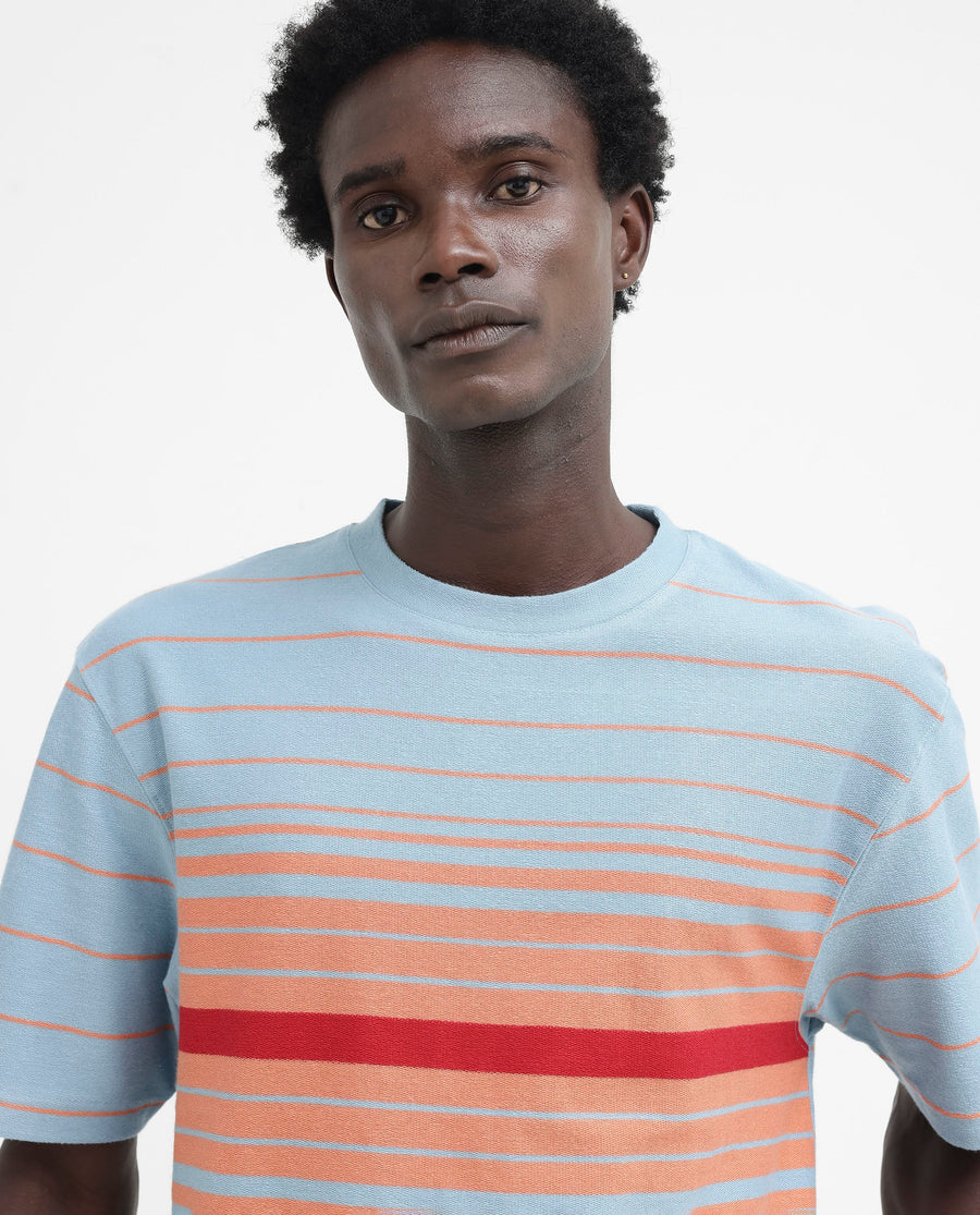 Rare Rabbit Men's Kot Dusky Blue Cotton Striped Print Oversized Fit Half Sleeve Crew Neck T-Shirt