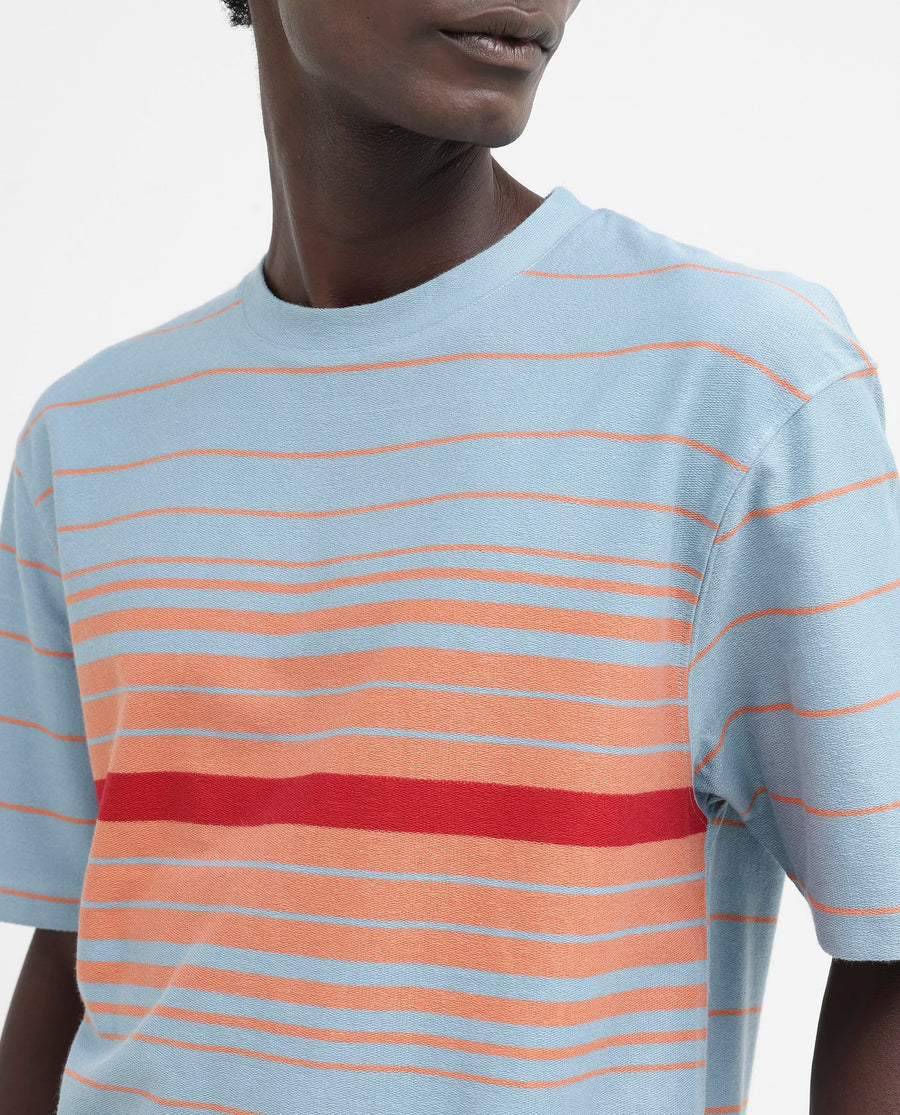 Rare Rabbit Men's Kot Dusky Blue Cotton Striped Print Oversized Fit Half Sleeve Crew Neck T-Shirt