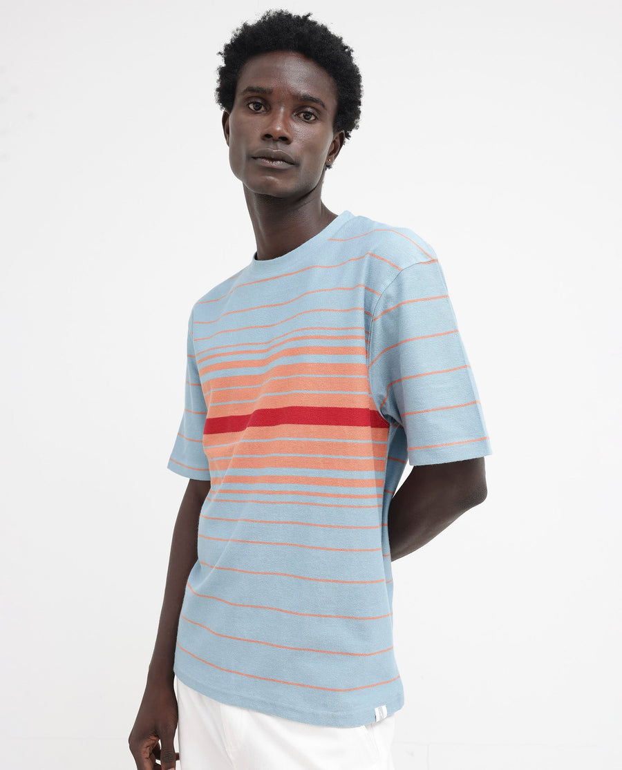 Rare Rabbit Men's Kot Dusky Blue Cotton Striped Print Oversized Fit Half Sleeve Crew Neck T-Shirt