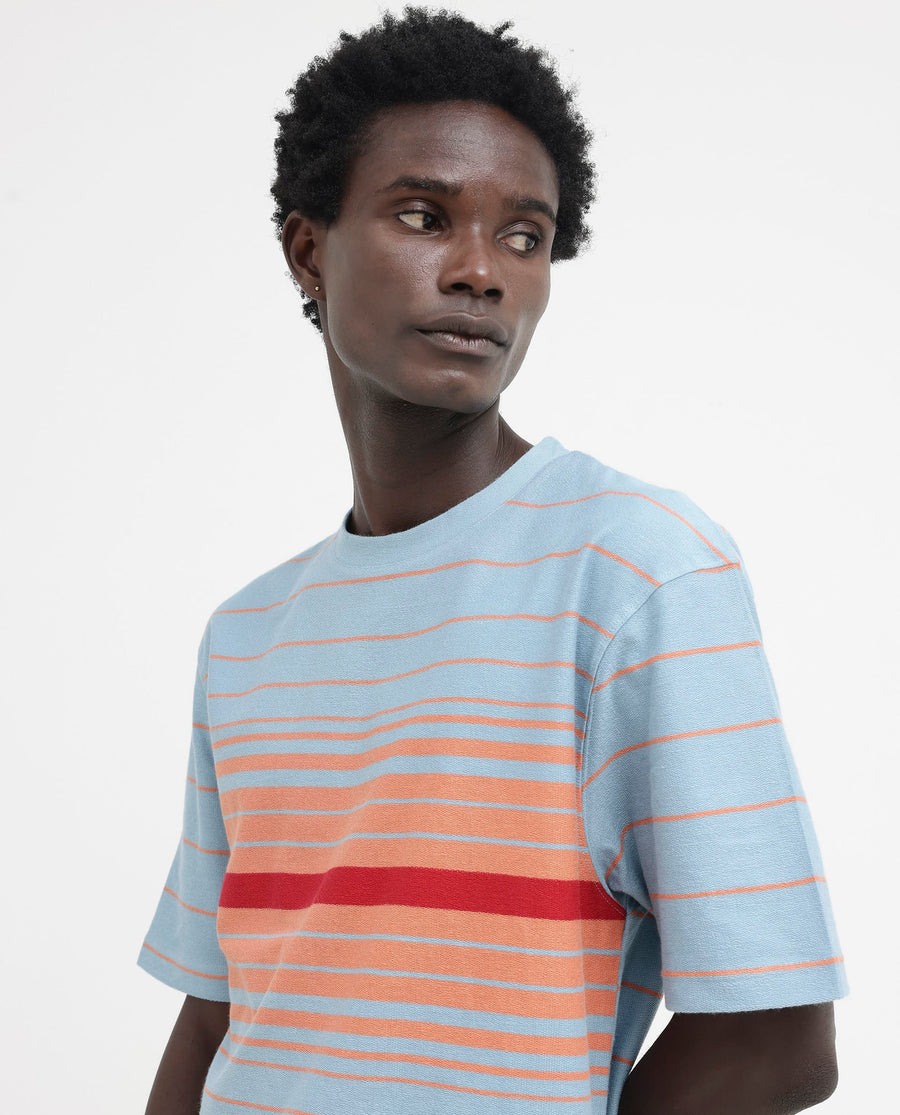 Rare Rabbit Men's Kot Dusky Blue Cotton Striped Print Oversized Fit Half Sleeve Crew Neck T-Shirt