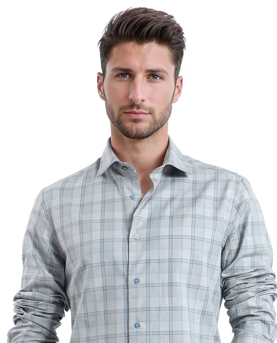 Rare Rabbit Men's Koten Grey Cotton Checked Print Regular Fit Full Sleeve Collared Shirt
