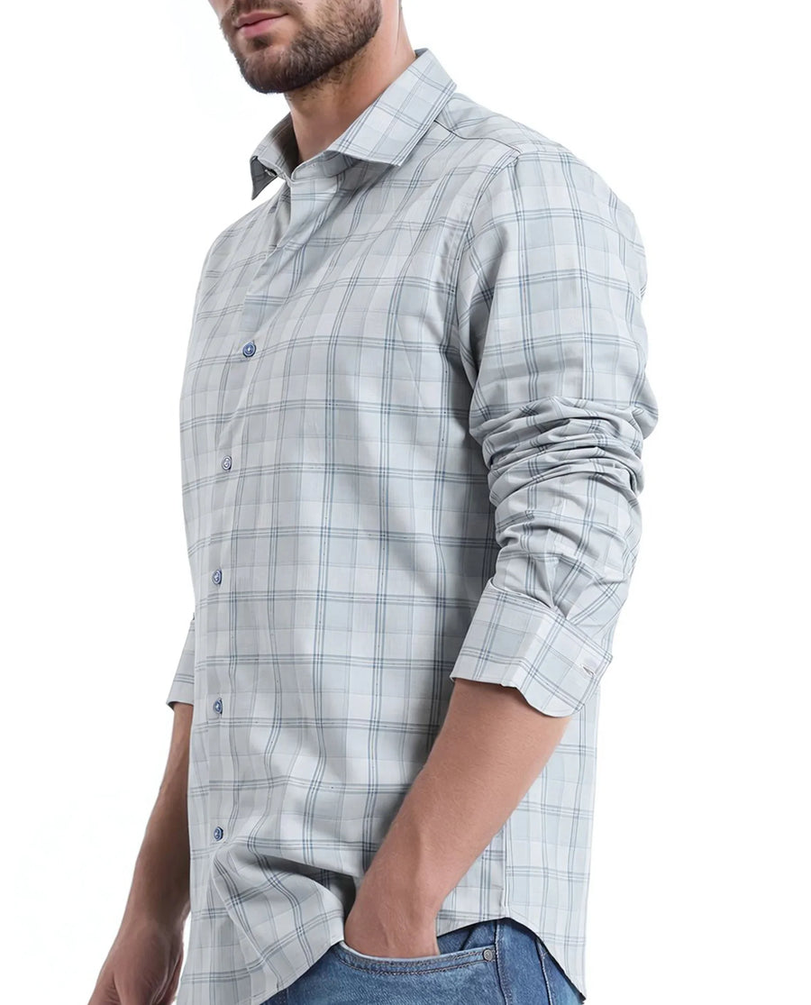 Rare Rabbit Men's Koten Grey Cotton Checked Print Regular Fit Full Sleeve Collared Shirt