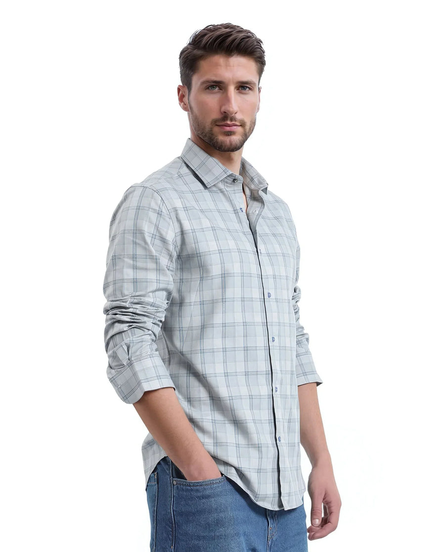 Rare Rabbit Men's Koten Grey Cotton Checked Print Regular Fit Full Sleeve Collared Shirt