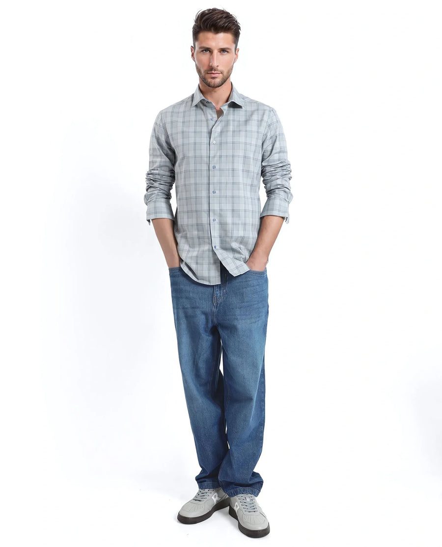 Rare Rabbit Men's Koten Grey Cotton Checked Print Regular Fit Full Sleeve Collared Shirt