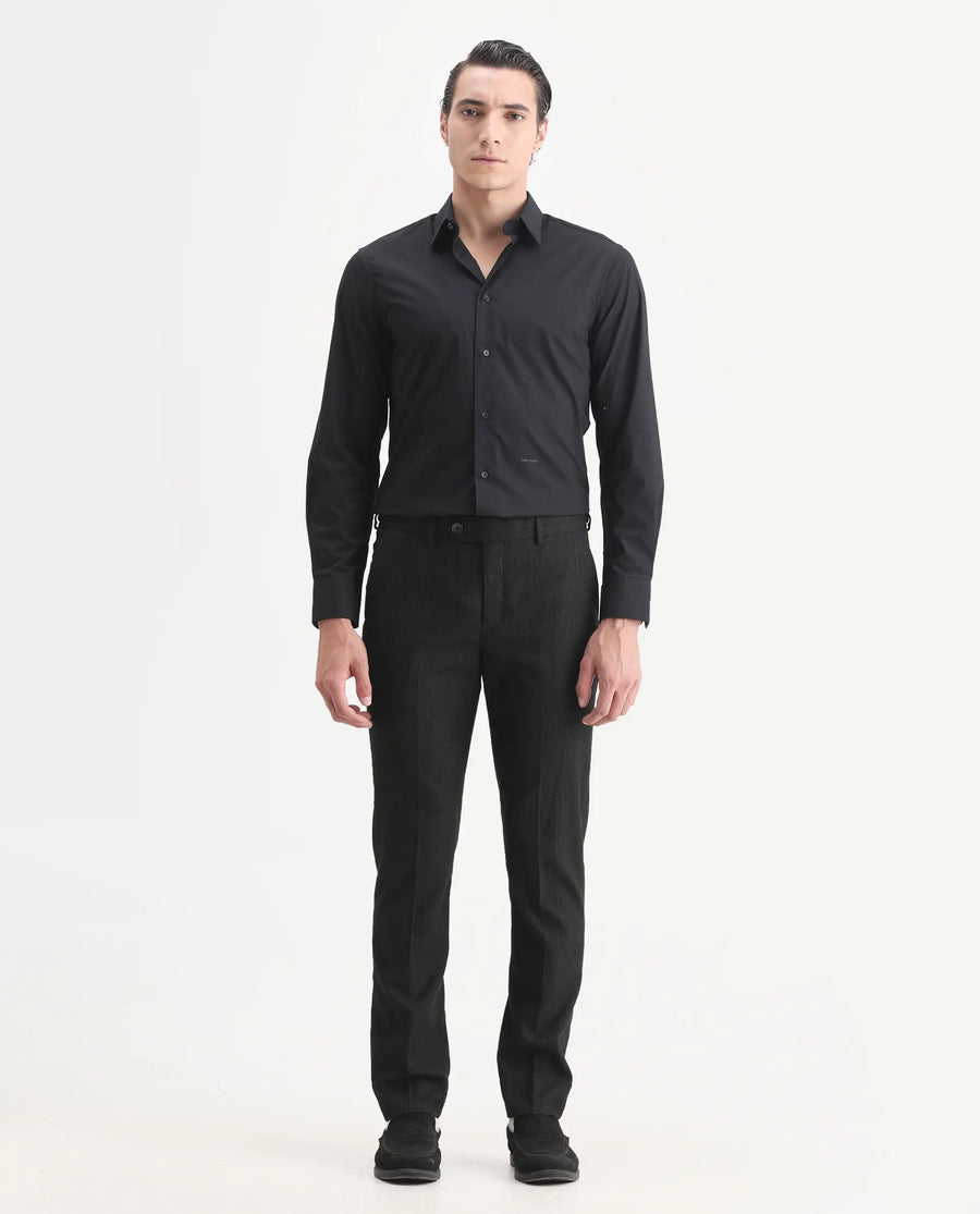 Rare Rabbit Men's Kove Black Polyester Striped Print Tailored Fit Full Sleeve Lapel Neck Suits