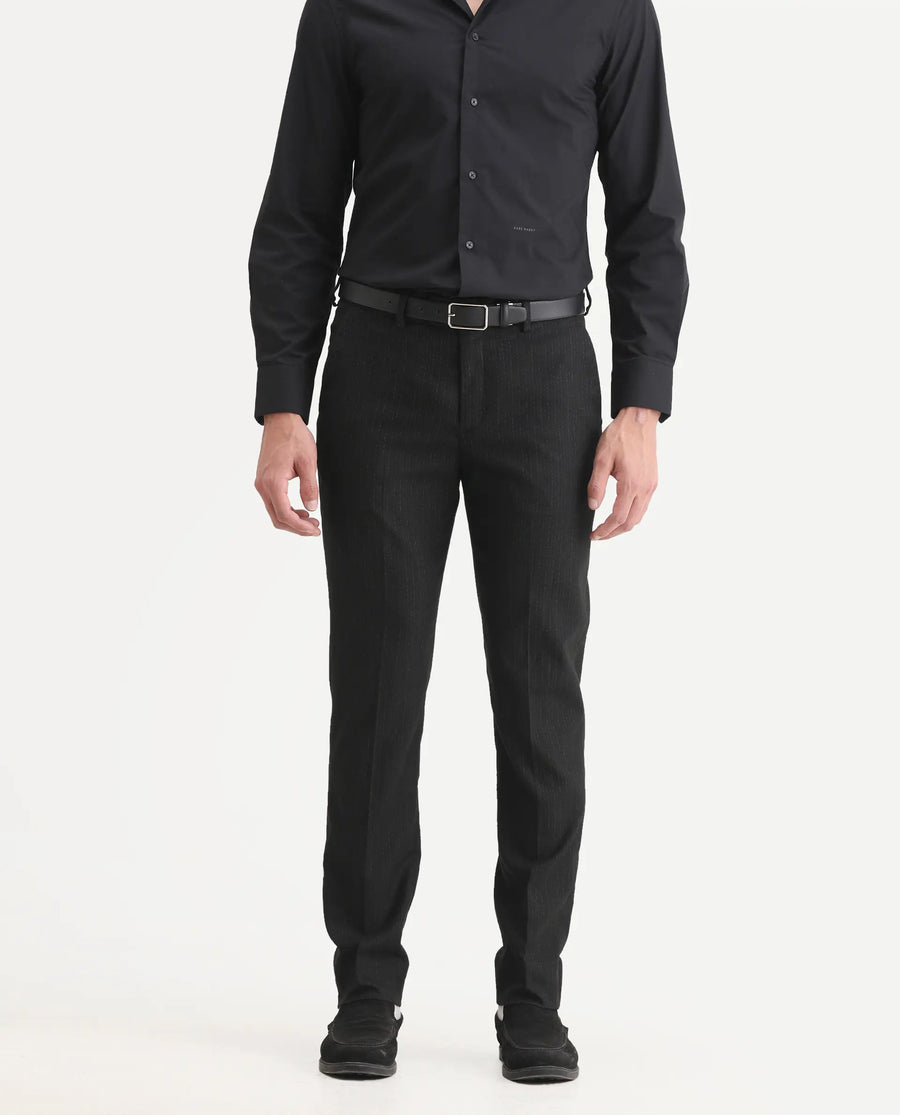 Rare Rabbit Men's Kove Black Polyester Striped Print Tailored Fit Full Sleeve Lapel Neck Suits