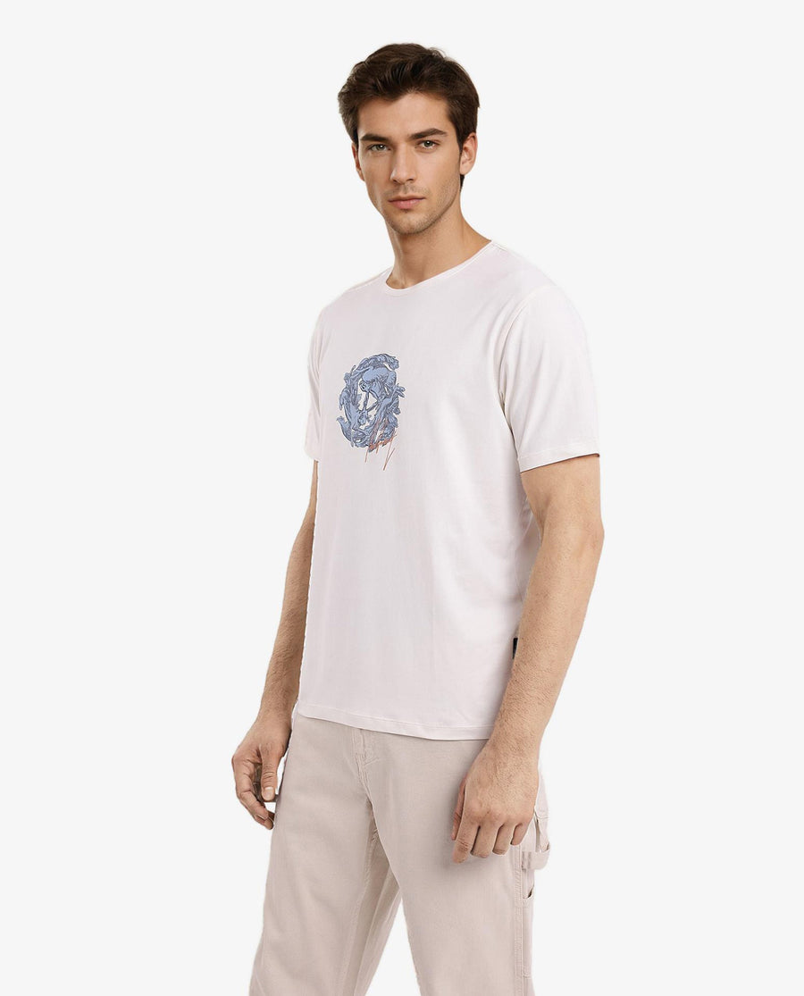 Rare Rabbit Men's Kowl Off White Cotton Graphic Print Regular Fit Half Sleeve Crew Neck T-Shirt