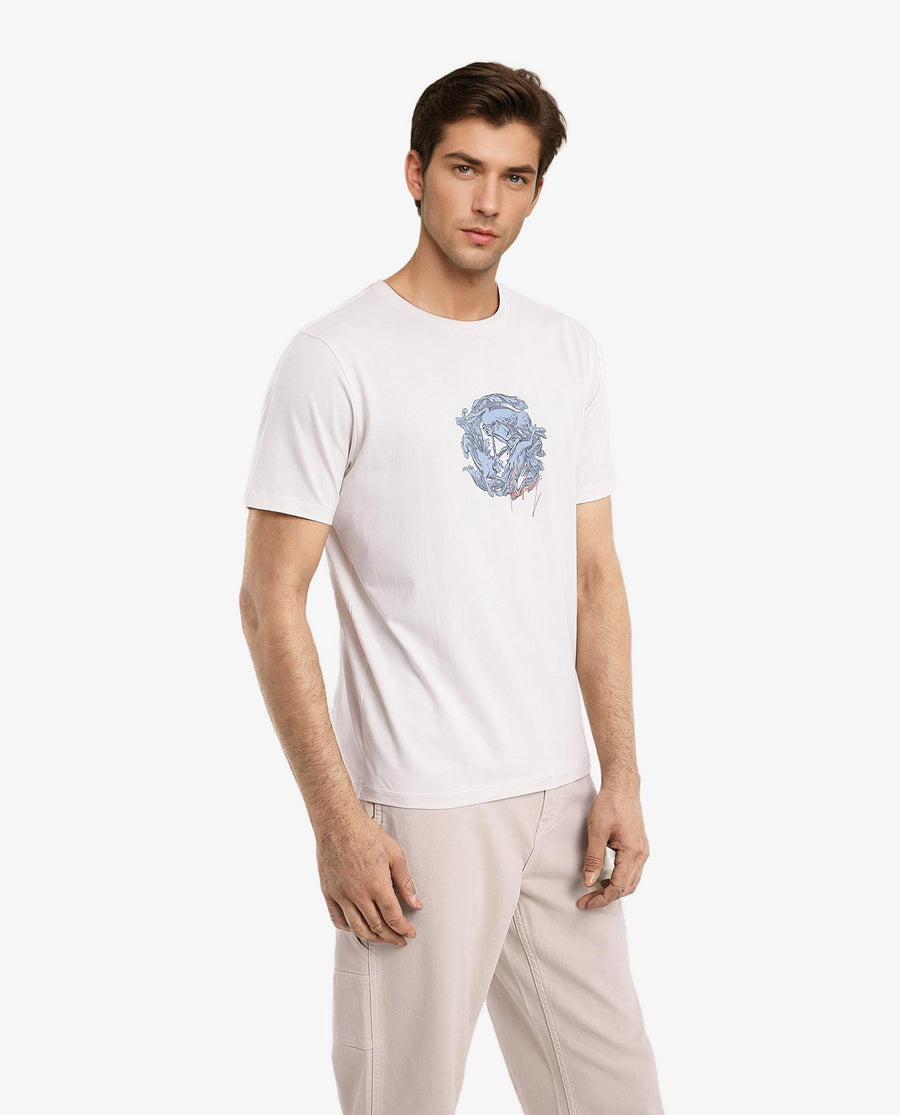 Rare Rabbit Men's Kowl Off White Cotton Graphic Print Regular Fit Half Sleeve Crew Neck T-Shirt