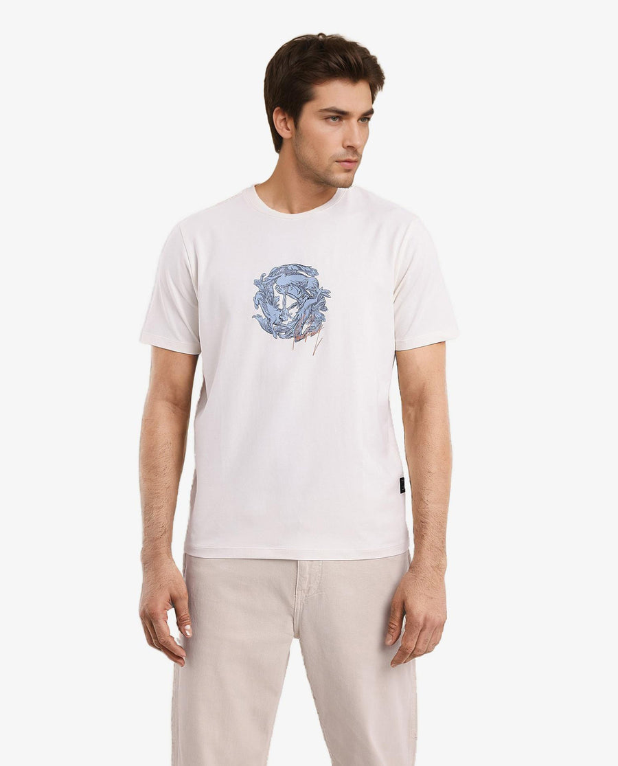 Rare Rabbit Men's Kowl Off White Cotton Graphic Print Regular Fit Half Sleeve Crew Neck T-Shirt