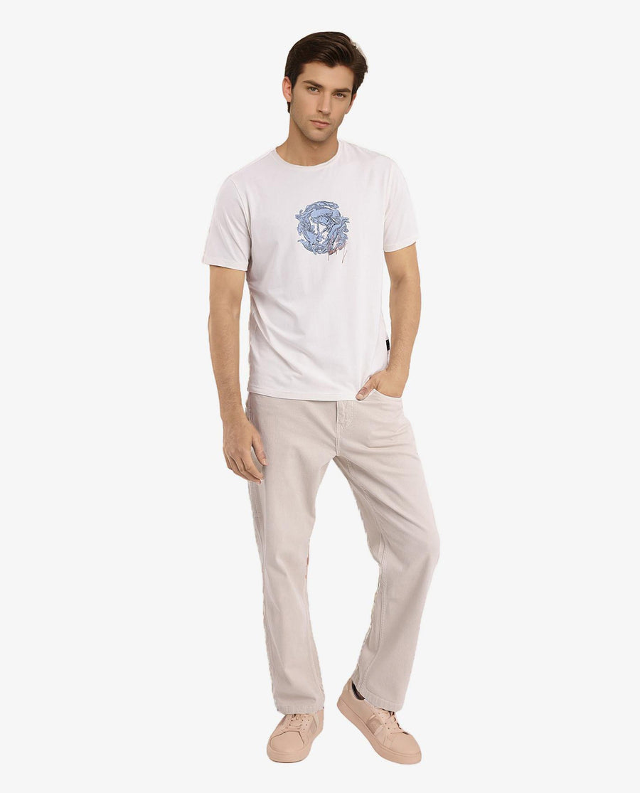 Rare Rabbit Men's Kowl Off White Cotton Graphic Print Regular Fit Half Sleeve Crew Neck T-Shirt
