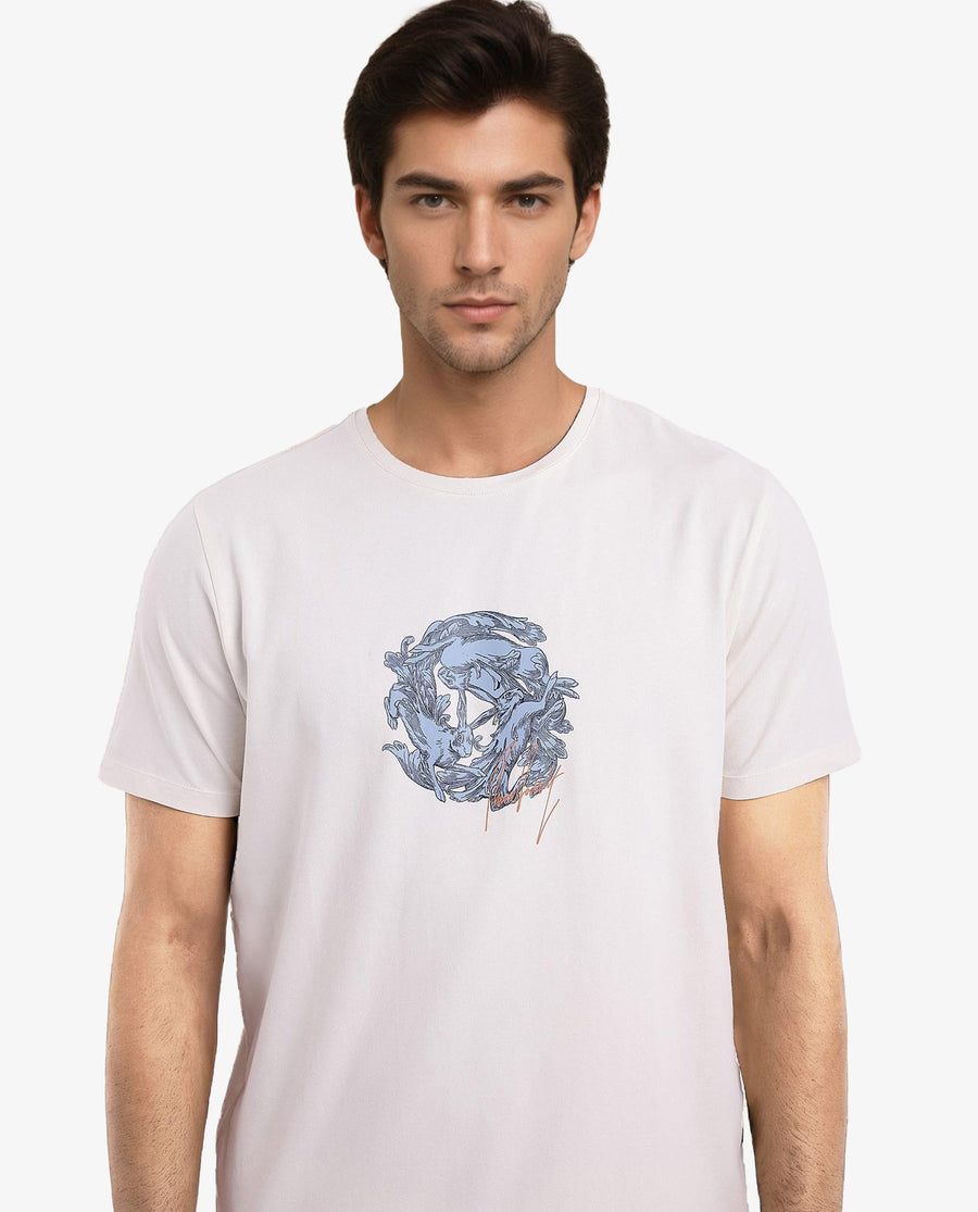 Rare Rabbit Men's Kowl Off White Cotton Graphic Print Regular Fit Half Sleeve Crew Neck T-Shirt
