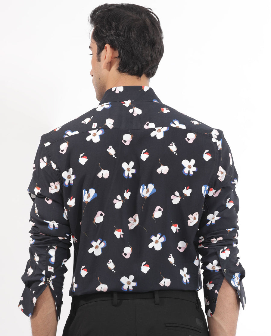 Rare Rabbit Men's Kraz Black Cotton Floral Print Regular Fit Full Sleeve Collared Shirt