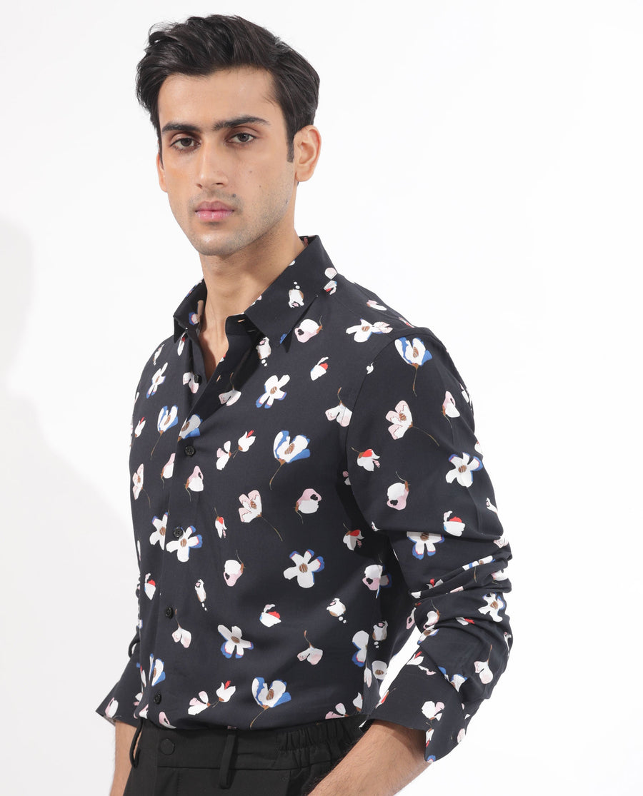 Rare Rabbit Men's Kraz Black Cotton Floral Print Regular Fit Full Sleeve Collared Shirt