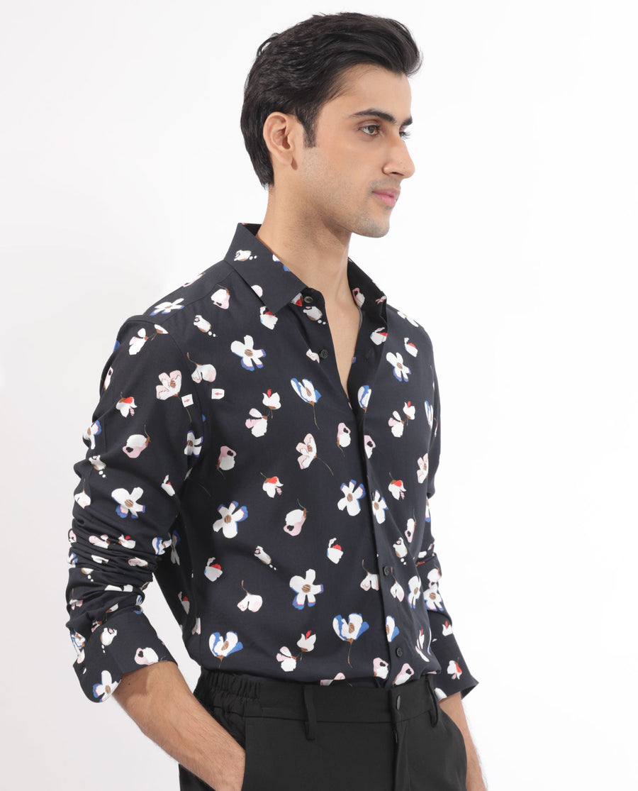 Rare Rabbit Men's Kraz Black Cotton Floral Print Regular Fit Full Sleeve Collared Shirt
