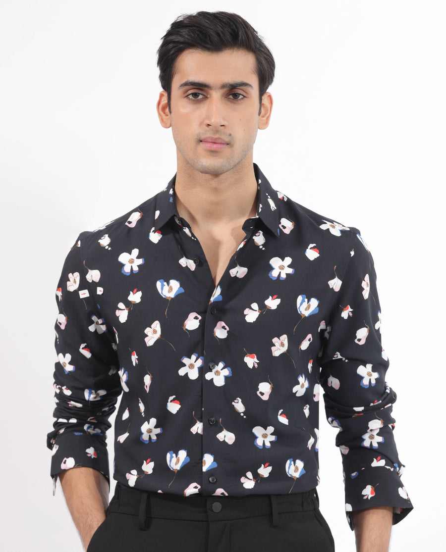 Rare Rabbit Men's Kraz Black Cotton Floral Print Regular Fit Full Sleeve Collared Shirt