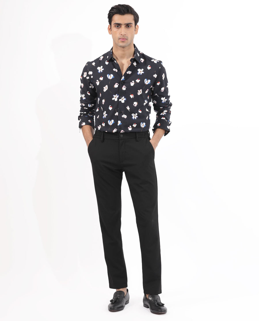 Rare Rabbit Men's Kraz Black Cotton Floral Print Regular Fit Full Sleeve Collared Shirt