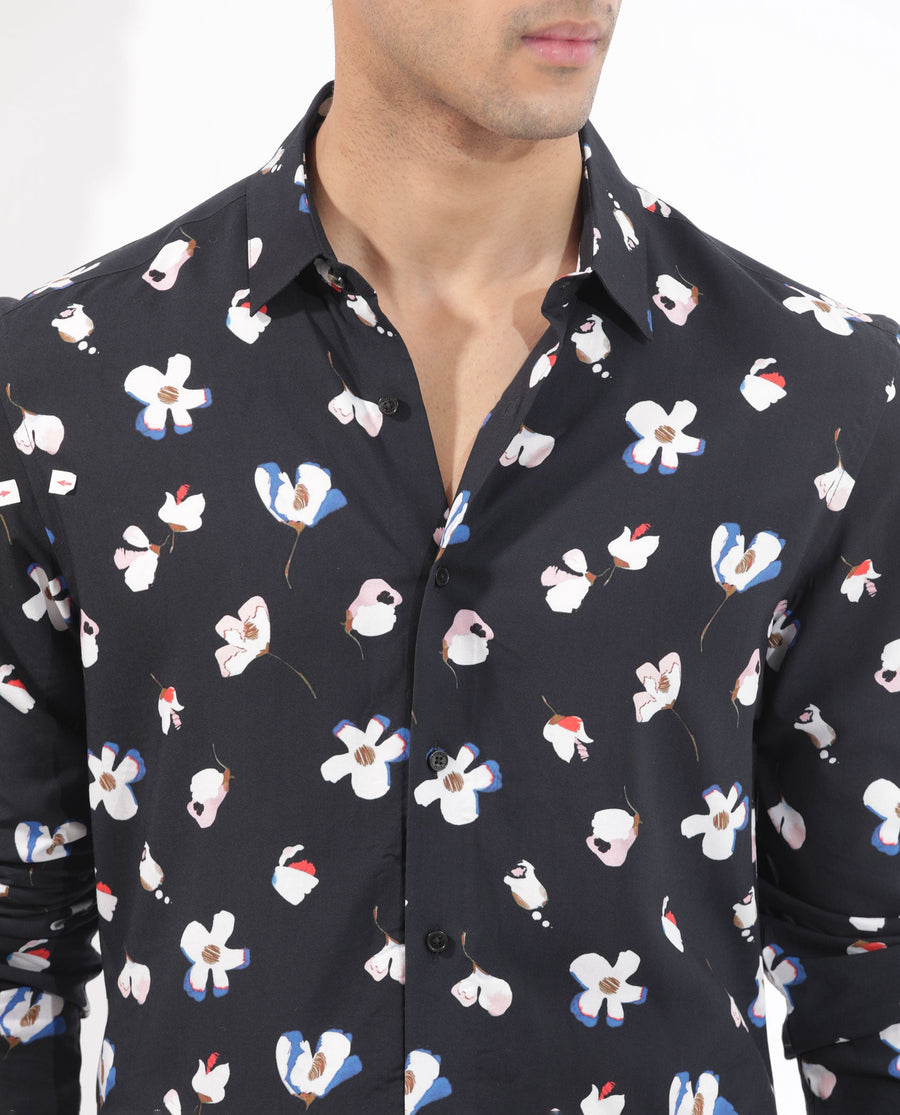 Rare Rabbit Men's Kraz Black Cotton Floral Print Regular Fit Full Sleeve Collared Shirt