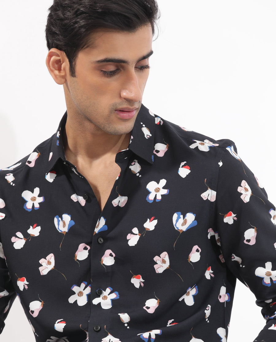 Rare Rabbit Men's Kraz Black Cotton Floral Print Regular Fit Full Sleeve Collared Shirt