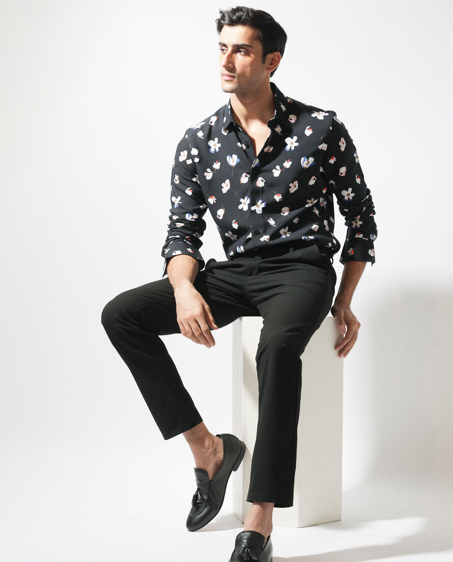 Rare Rabbit Men's Kraz Black Cotton Floral Print Regular Fit Full Sleeve Collared Shirt