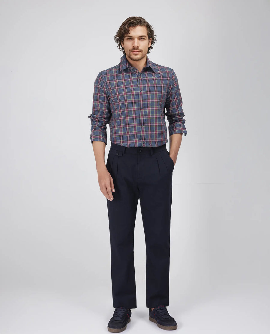 Rare Rabbit Men's Krob Dark Blue Cotton Checked Print Regular Fit Full Sleeve Collared Shirt