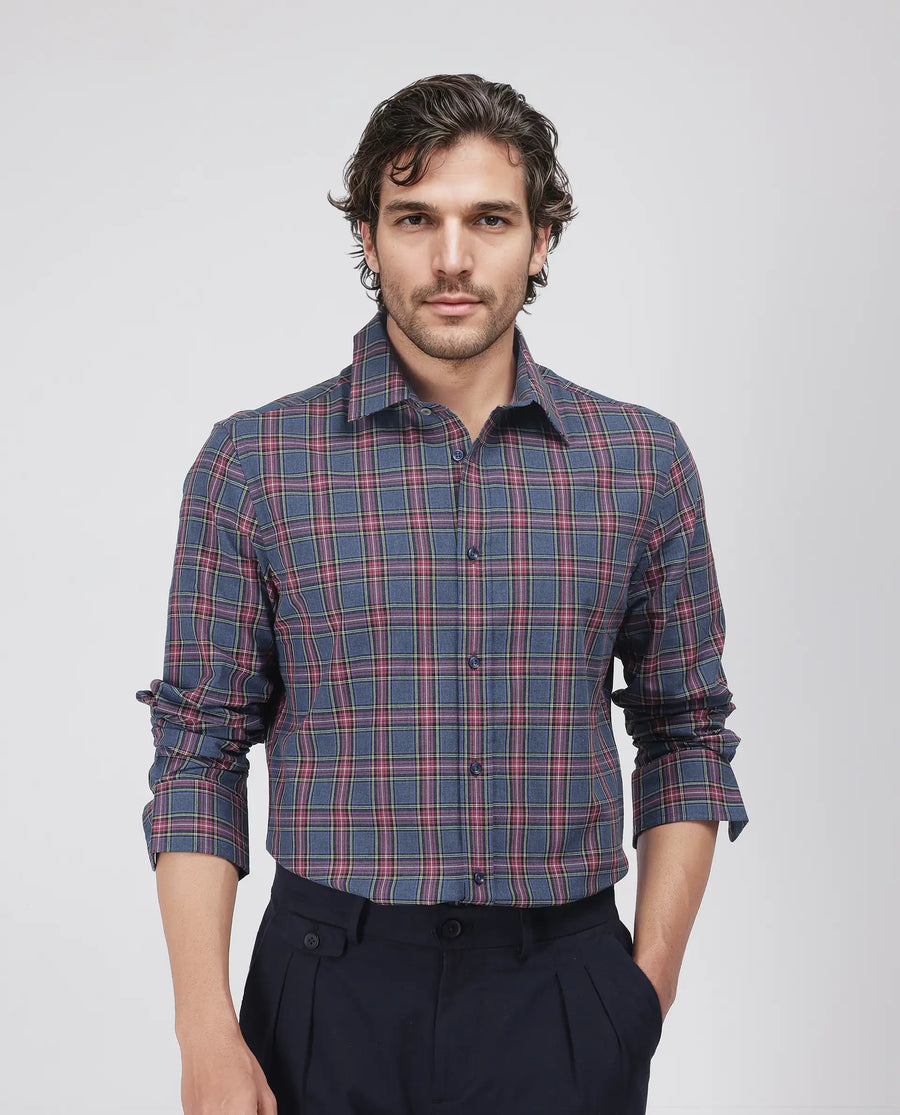 Rare Rabbit Men's Krob Dark Blue Cotton Checked Print Regular Fit Full Sleeve Collared Shirt