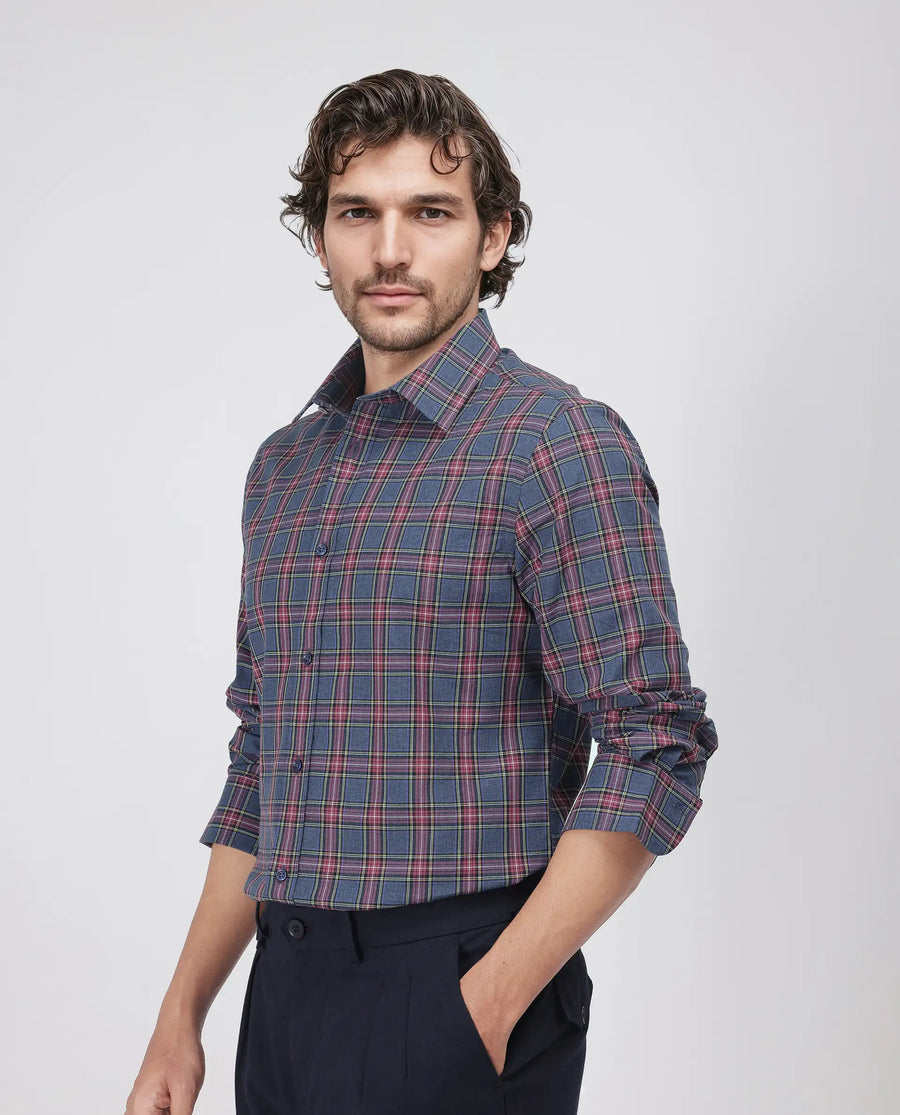 Rare Rabbit Men's Krob Dark Blue Cotton Checked Print Regular Fit Full Sleeve Collared Shirt