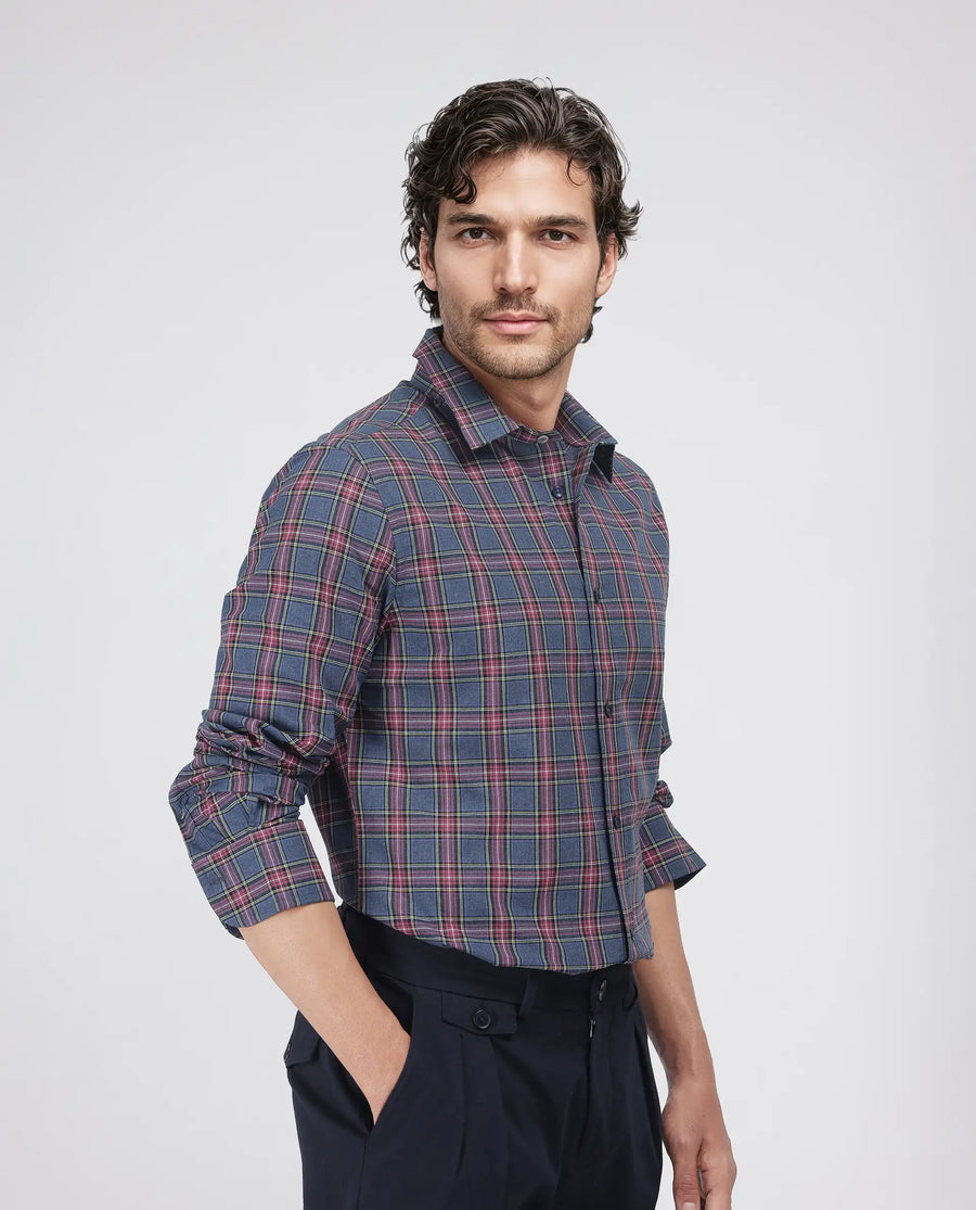 Rare Rabbit Men's Krob Dark Blue Cotton Checked Print Regular Fit Full Sleeve Collared Shirt