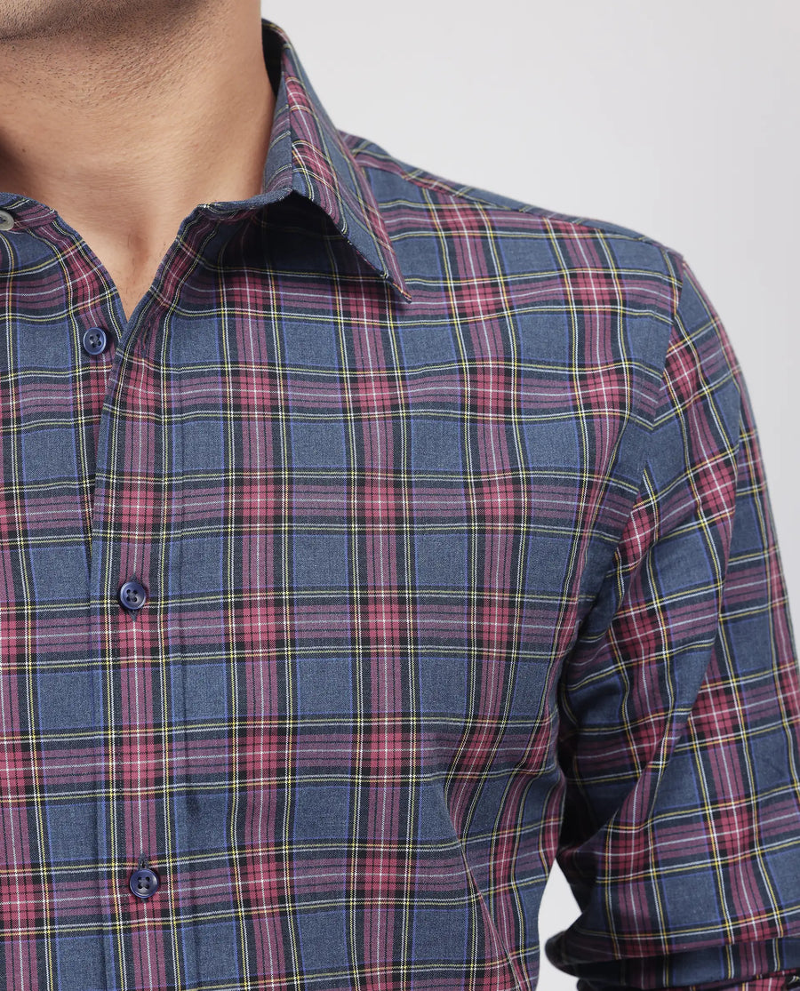 Rare Rabbit Men's Krob Dark Blue Cotton Checked Print Regular Fit Full Sleeve Collared Shirt