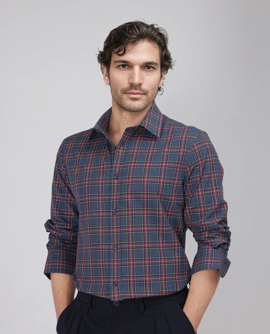 Rare Rabbit Men's Krob Dark Blue Cotton Checked Print Regular Fit Full Sleeve Collared Shirt