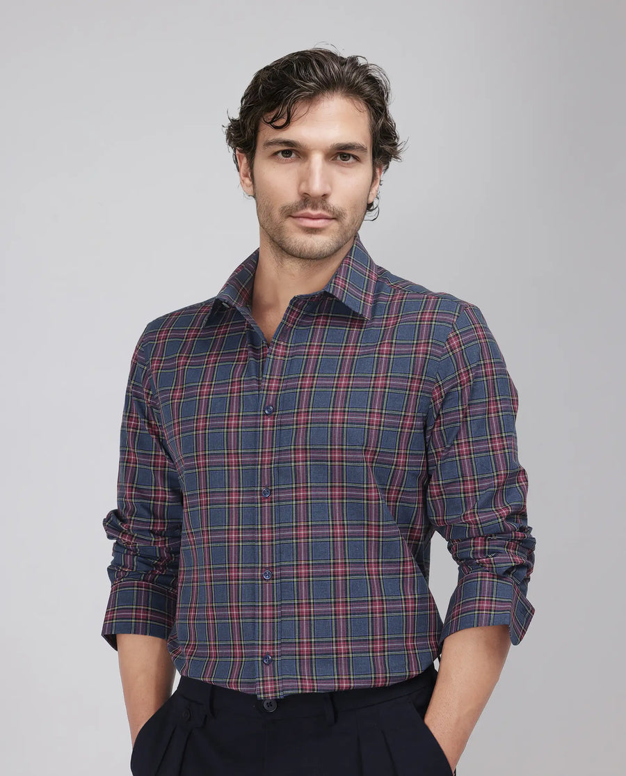Rare Rabbit Men's Krob Dark Blue Cotton Checked Print Regular Fit Full Sleeve Collared Shirt