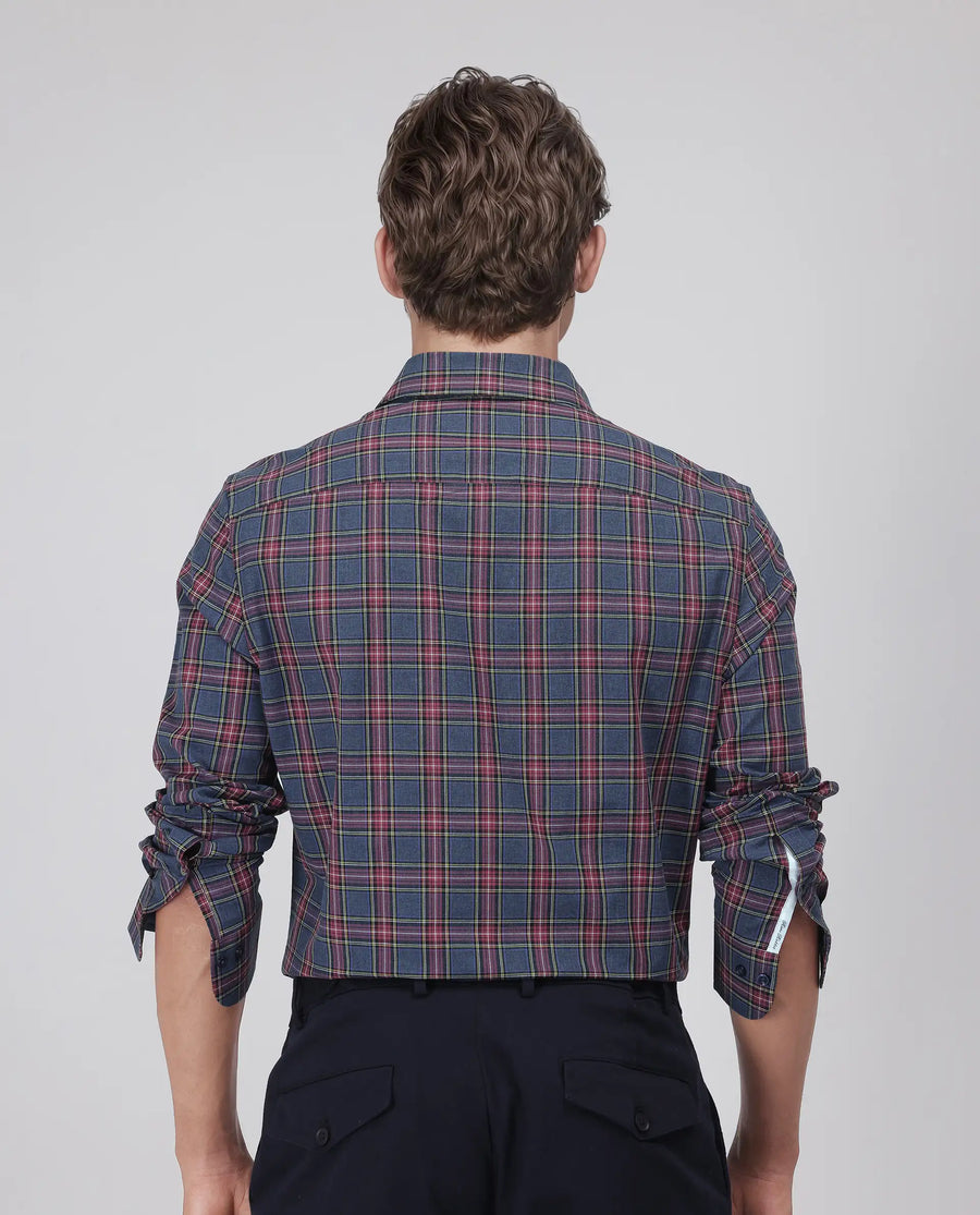 Rare Rabbit Men's Krob Dark Blue Cotton Checked Print Regular Fit Full Sleeve Collared Shirt