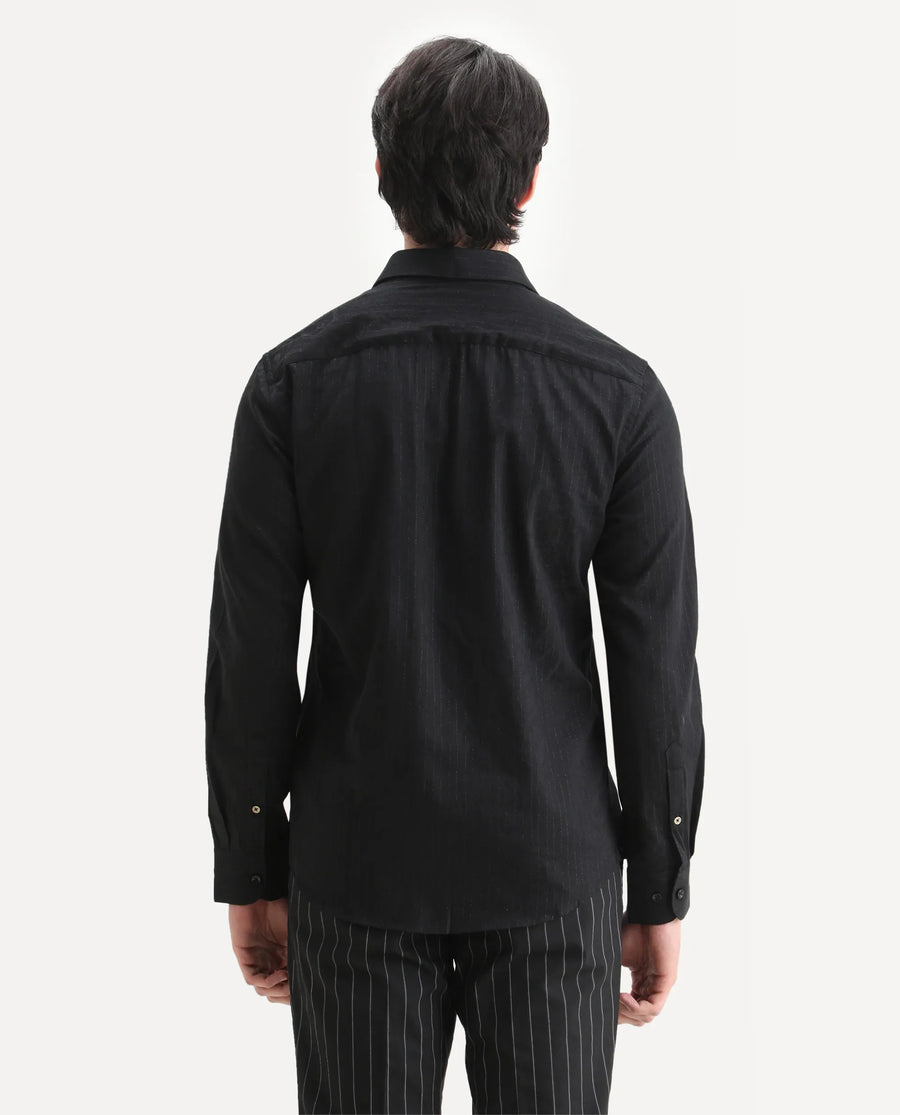Rare Rabbit Men's Krud Black Cotton Blend Fabric Spread Collar Regular Fit Striped Shirt