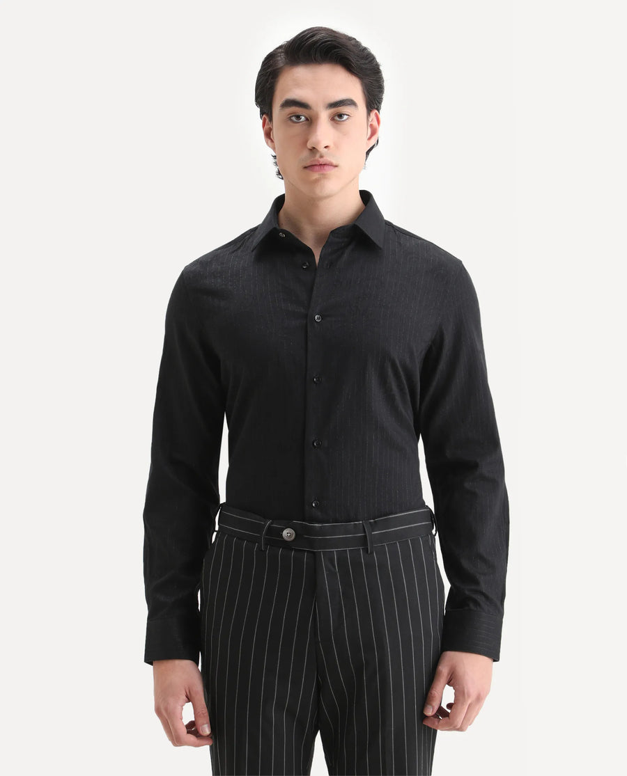 Rare Rabbit Men's Krud Black Cotton Blend Fabric Spread Collar Regular Fit Striped Shirt