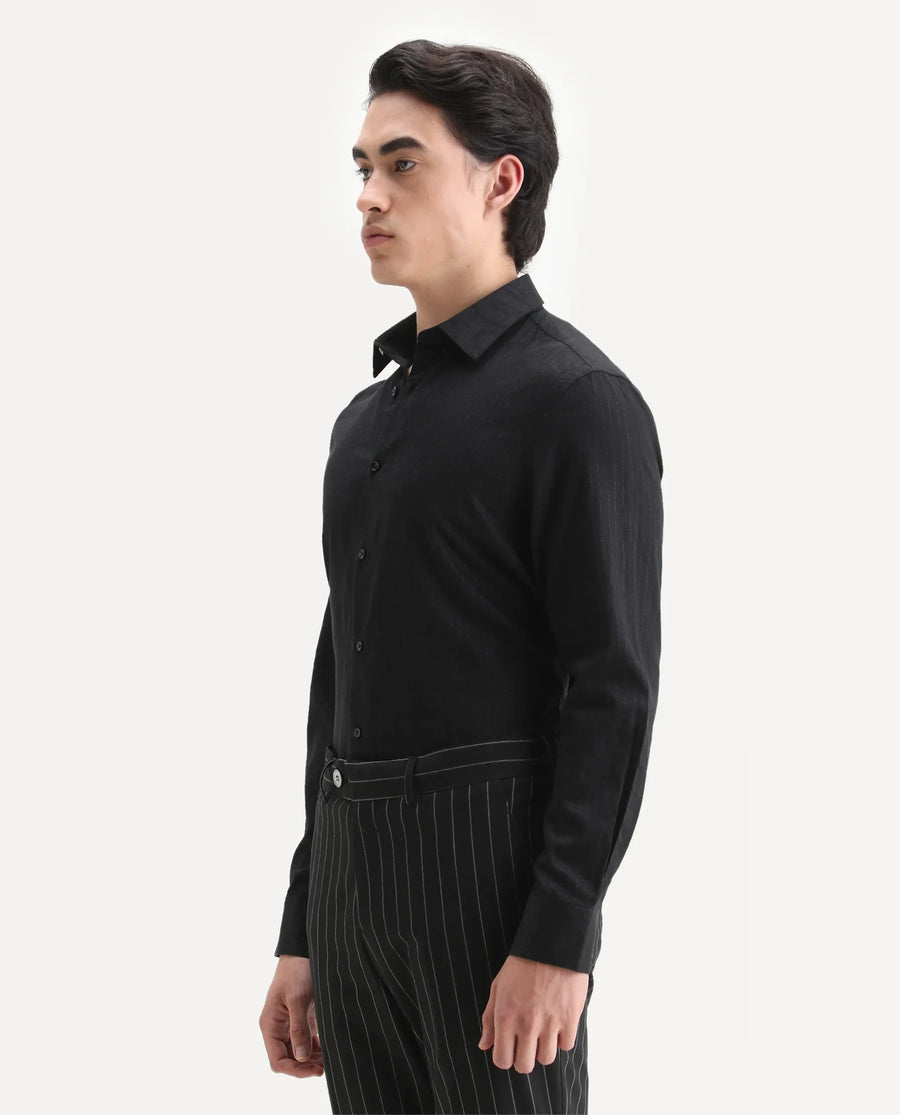 Rare Rabbit Men's Krud Black Cotton Blend Fabric Spread Collar Regular Fit Striped Shirt