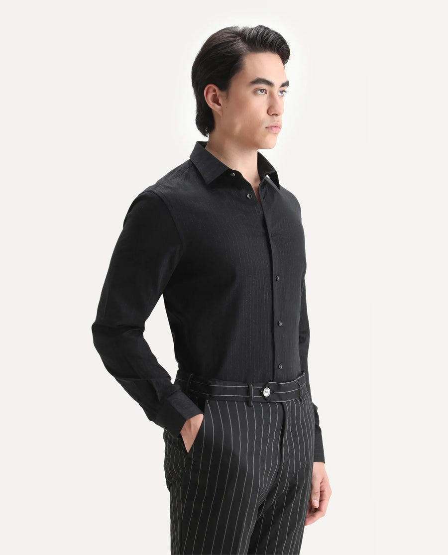 Rare Rabbit Men's Krud Black Cotton Blend Fabric Spread Collar Regular Fit Striped Shirt