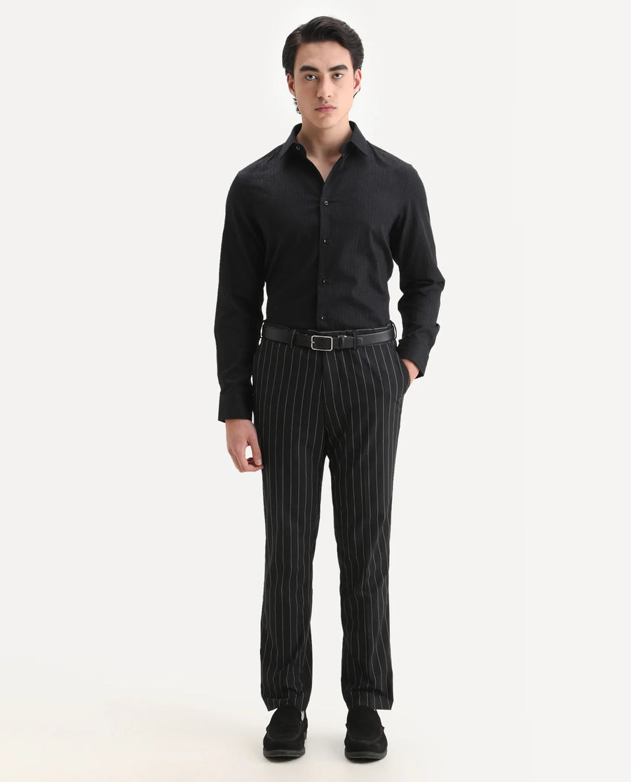 Rare Rabbit Men's Krud Black Cotton Blend Fabric Spread Collar Regular Fit Striped Shirt