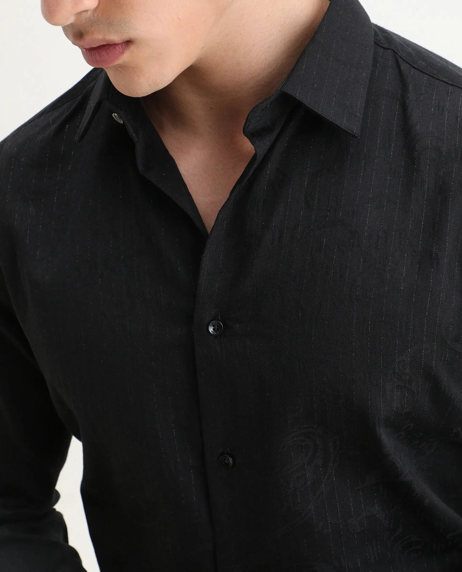 Rare Rabbit Men's Krud Black Cotton Blend Fabric Spread Collar Regular Fit Striped Shirt