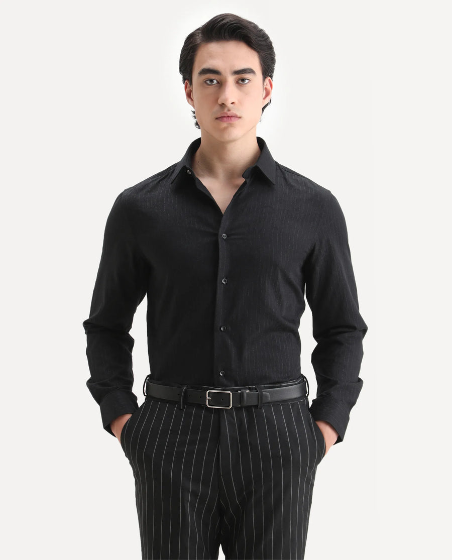 Rare Rabbit Men's Krud Black Cotton Blend Fabric Spread Collar Regular Fit Striped Shirt