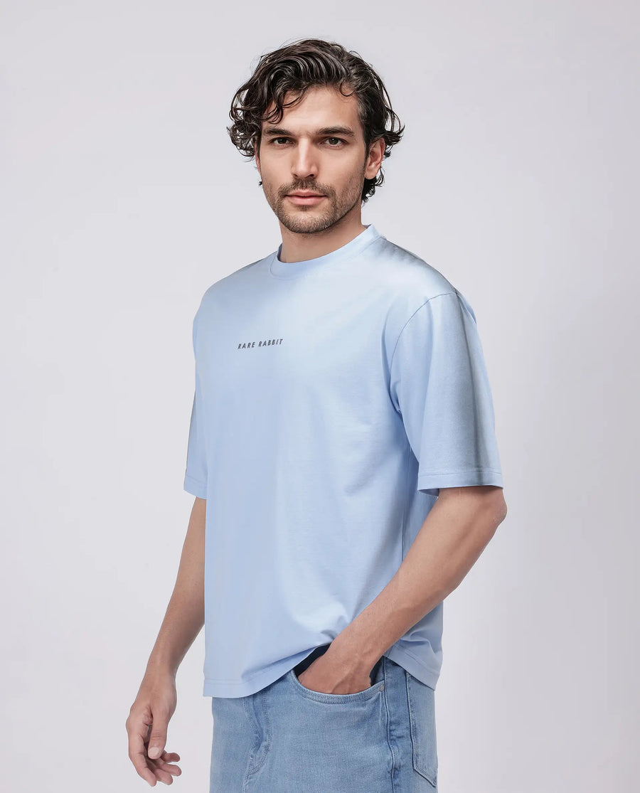 Rare Rabbit Men's Kruv Blue Cotton Printed Boxy Fit Half Sleeve Crew Neck T-Shirt