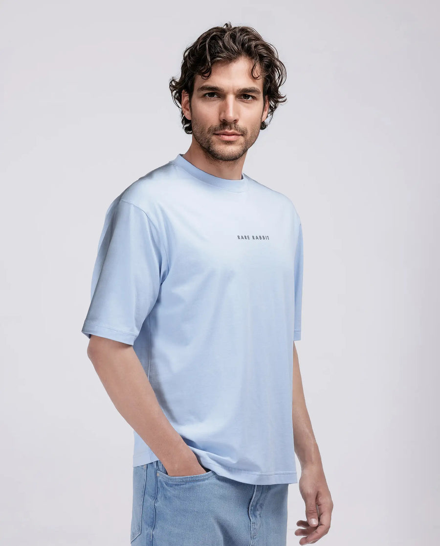 Rare Rabbit Men's Kruv Blue Cotton Printed Boxy Fit Half Sleeve Crew Neck T-Shirt