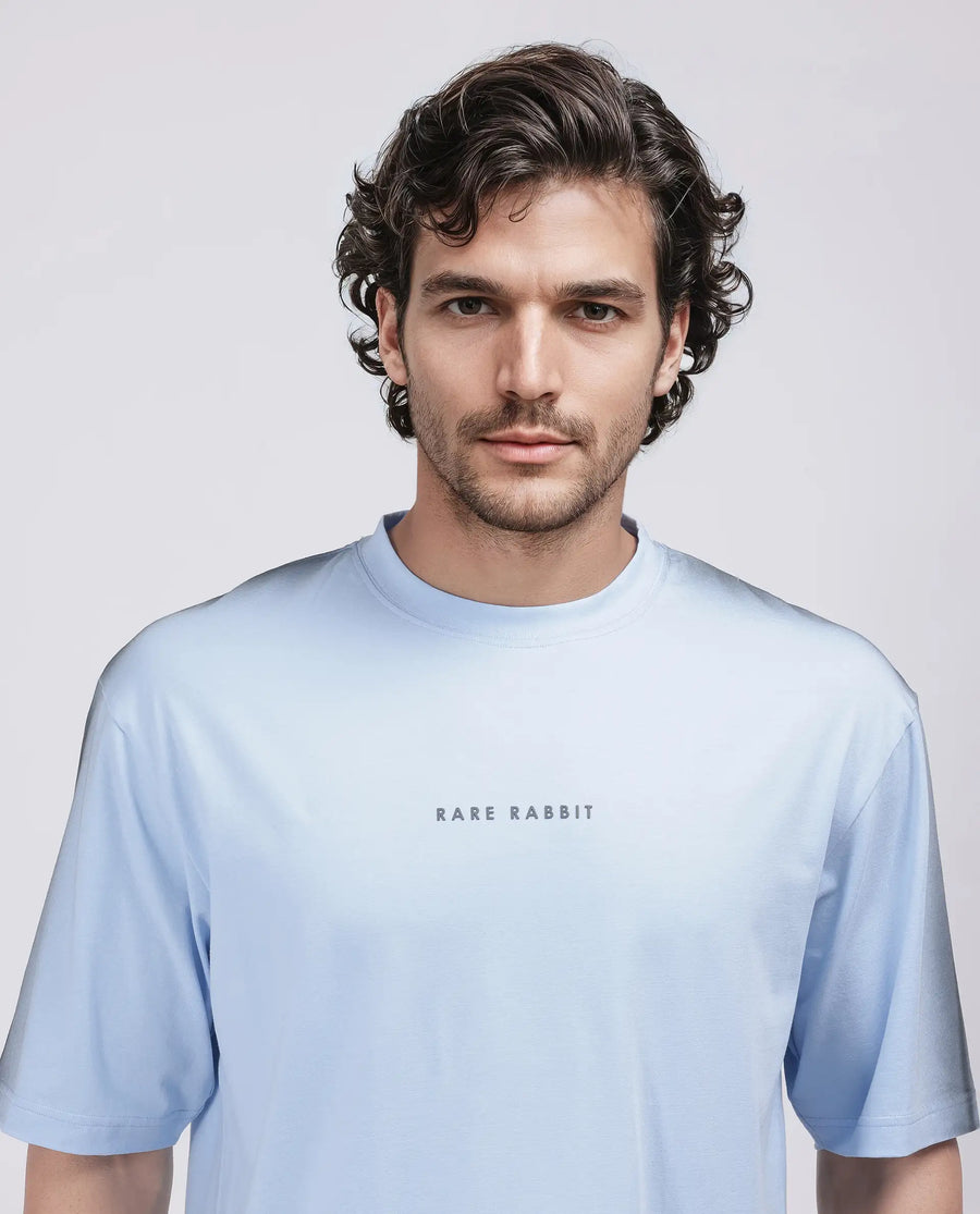 Rare Rabbit Men's Kruv Blue Cotton Printed Boxy Fit Half Sleeve Crew Neck T-Shirt