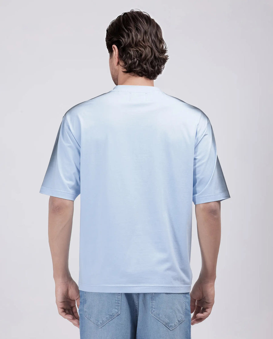 Rare Rabbit Men's Kruv Blue Cotton Printed Boxy Fit Half Sleeve Crew Neck T-Shirt