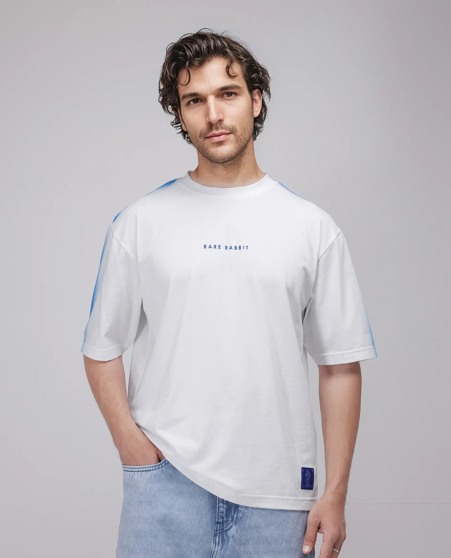Rare Rabbit Men's Kruv White Cotton Printed Boxy Fit Half Sleeve Crew Neck T-Shirt