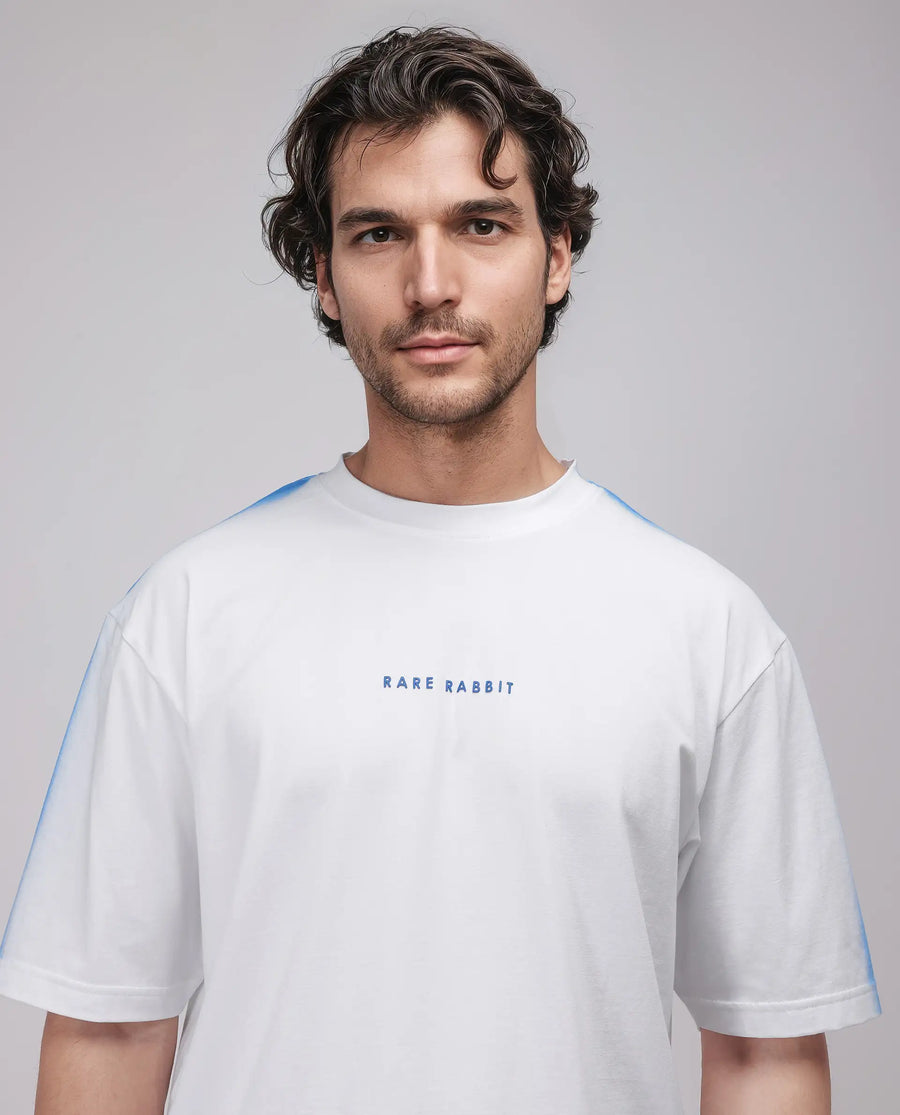 Rare Rabbit Men's Kruv White Cotton Printed Boxy Fit Half Sleeve Crew Neck T-Shirt