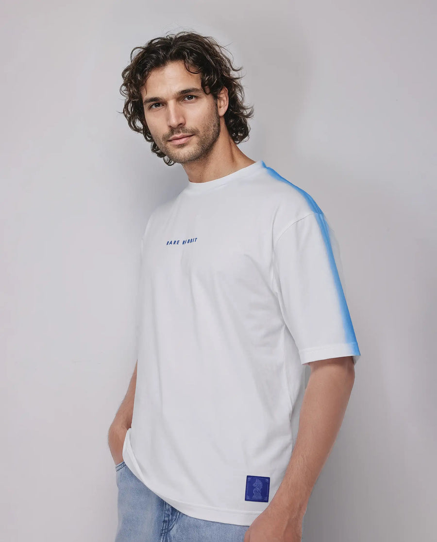 Rare Rabbit Men's Kruv White Cotton Printed Boxy Fit Half Sleeve Crew Neck T-Shirt