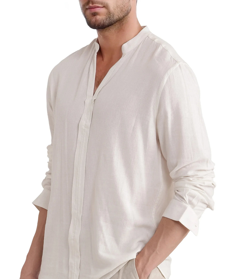 Rare Rabbit Men Kurt White Viscose Linen Fabric Full Sleeve Mandarin Collar Button Closure Plain Shirt