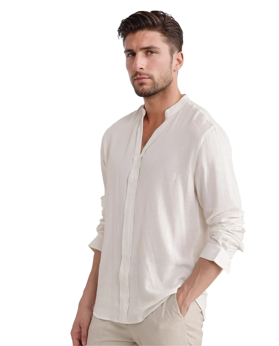 Rare Rabbit Men Kurt White Viscose Linen Fabric Full Sleeve Mandarin Collar Button Closure Plain Shirt