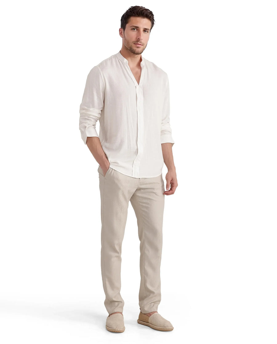 Rare Rabbit Men Kurt White Viscose Linen Fabric Full Sleeve Mandarin Collar Button Closure Plain Shirt