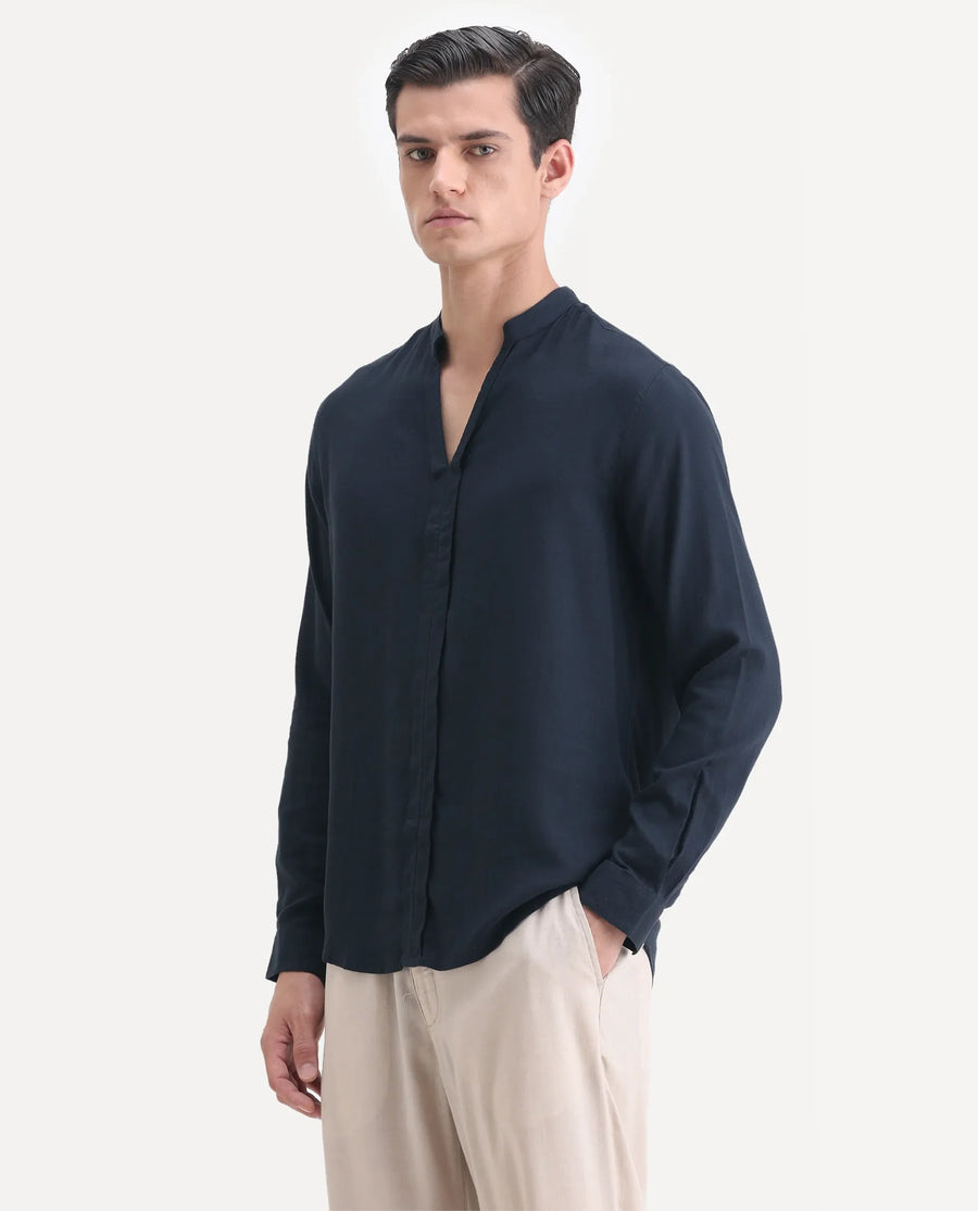 Rare Rabbit Men's Kurt Navy Linen Blend Plain Regular Fit Full Sleeve Mandarin Collar Shirt